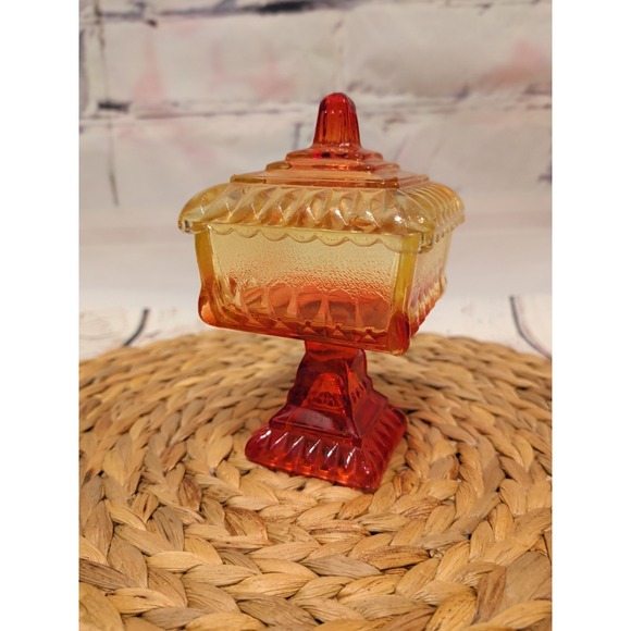 Vintage Jeannette Amberina Art Glass Covered Footed Candy Dish Wedding Box USA - Picture 2 of 7